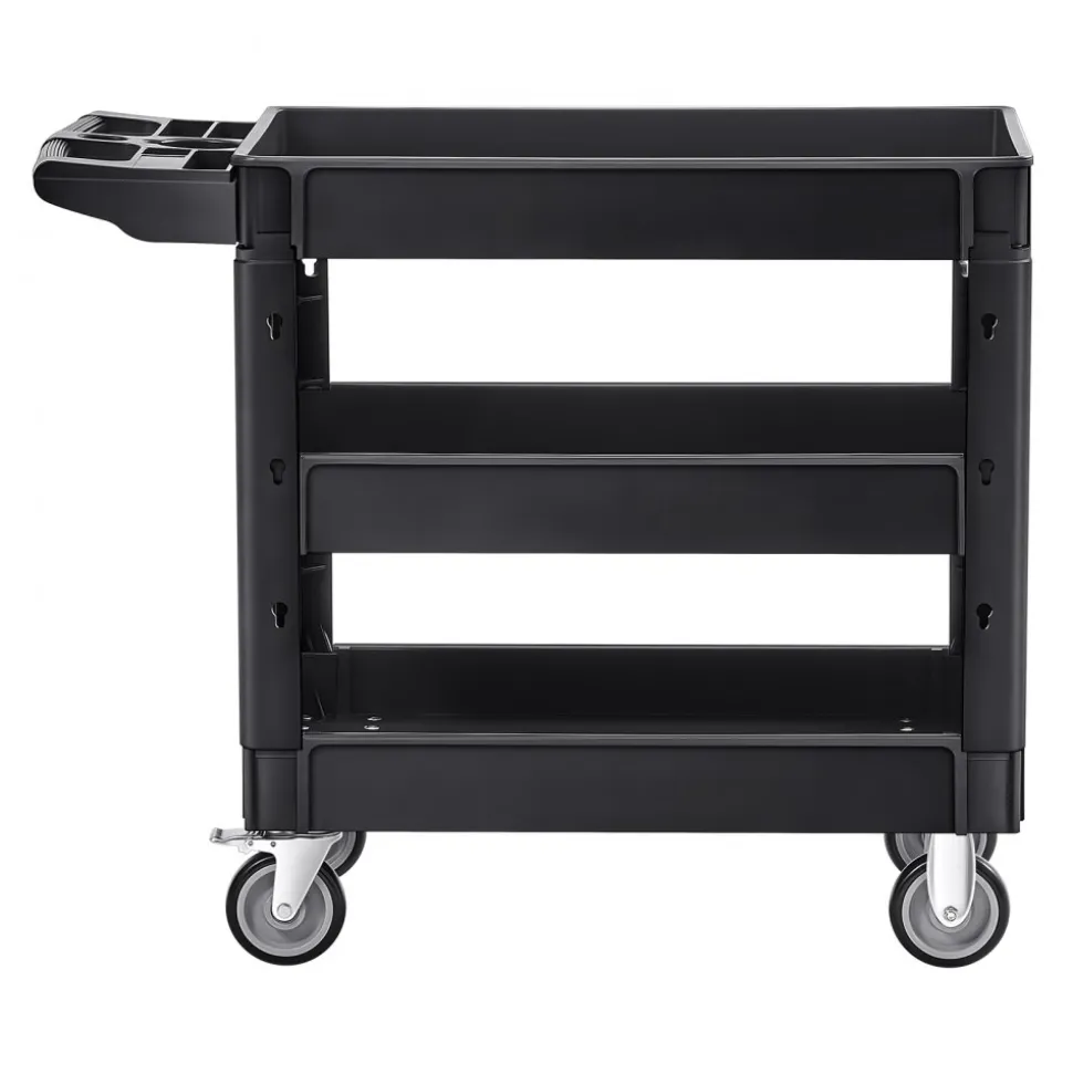 VEVOR Utility Service Cart, 550 LBS Laod Capacity, 3 Shelf Heavy Duty Plastic Rolling Utility Cart with 360° Swivel Wheels (2 with Brakes), Ergonomic Storage Handle for Warehouse/Garage/Cleaning