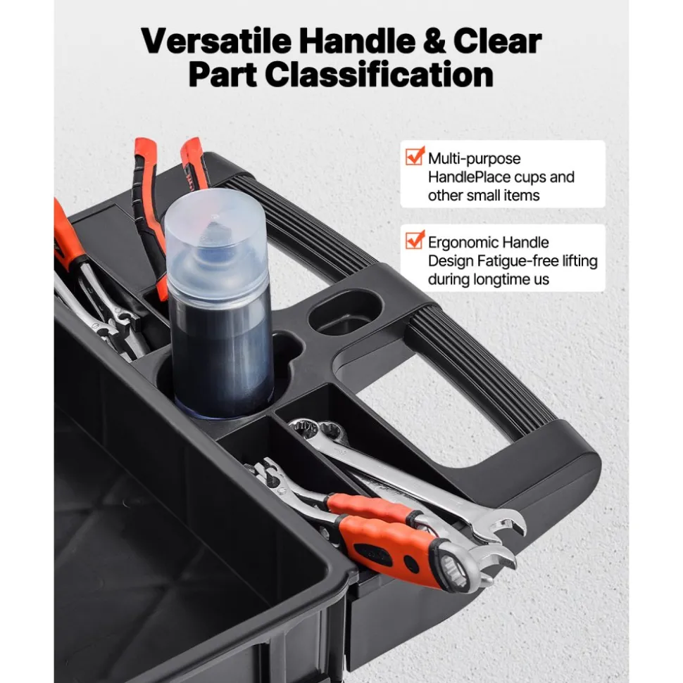 VEVOR Utility Service Cart, 550 LBS Laod Capacity, 3 Shelf Heavy Duty Plastic Rolling Utility Cart with 360° Swivel Wheels (2 with Brakes), Ergonomic Storage Handle for Warehouse/Garage/Cleaning