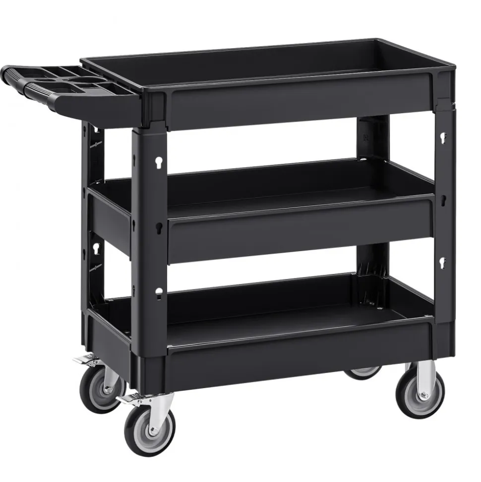 VEVOR Utility Service Cart, 550 LBS Laod Capacity, 3 Shelf Heavy Duty Plastic Rolling Utility Cart with 360° Swivel Wheels (2 with Brakes), Ergonomic Storage Handle for Warehouse/Garage/Cleaning