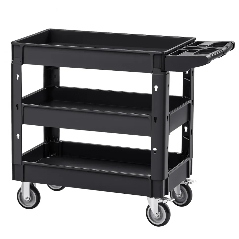 VEVOR Utility Service Cart, 550 LBS Laod Capacity, 3 Shelf Heavy Duty Plastic Rolling Utility Cart with 360° Swivel Wheels (2 with Brakes), Ergonomic Storage Handle for Warehouse/Garage/Cleaning