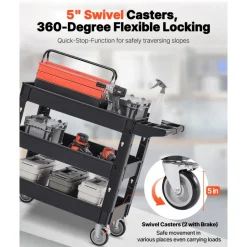 VEVOR Utility Service Cart, 550 LBS Laod Capacity, 3 Shelf Heavy Duty Plastic Rolling Utility Cart with 360° Swivel Wheels (2 with Brakes), Ergonomic Storage Handle for Warehouse/Garage/Cleaning