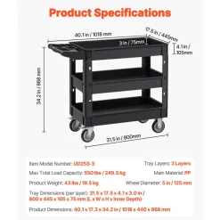 VEVOR Utility Service Cart, 550 LBS Laod Capacity, 3 Shelf Heavy Duty Plastic Rolling Utility Cart with 360° Swivel Wheels (2 with Brakes), Ergonomic Storage Handle for Warehouse/Garage/Cleaning