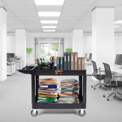 VEVOR Utility Service Cart, 2 Shelf 550LBS Heavy Duty Plastic Rolling Utility Cart with 360° Swivel Wheels (2 with Brakes), Large Lipped Shelf, Ergonomic Storage Handle for Warehouse/Garage/Cleaning
