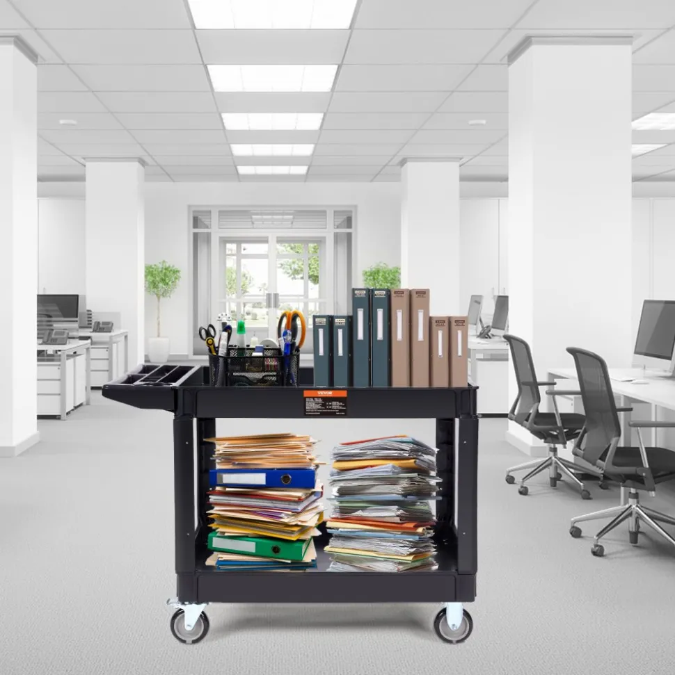 VEVOR Utility Service Cart, 2 Shelf 550LBS Heavy Duty Plastic Rolling Utility Cart with 360° Swivel Wheels (2 with Brakes), Large Lipped Shelf, Ergonomic Storage Handle for Warehouse/Garage/Cleaning
