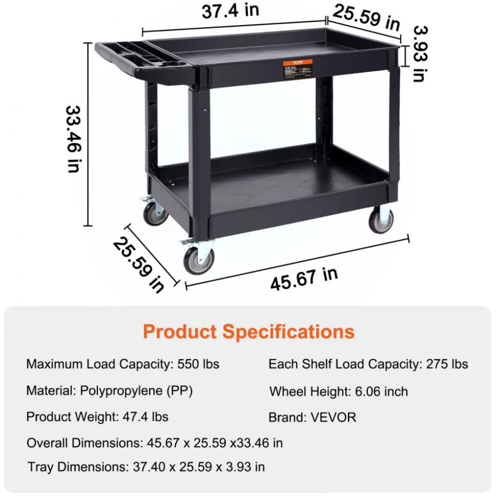 VEVOR Utility Service Cart, 2 Shelf 550LBS Heavy Duty Plastic Rolling Utility Cart with 360° Swivel Wheels (2 with Brakes), Large Lipped Shelf, Ergonomic Storage Handle for Warehouse/Garage/Cleaning