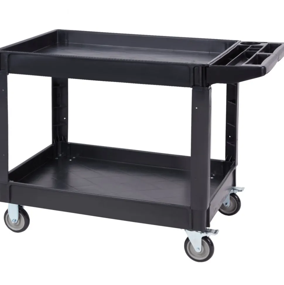 VEVOR Utility Service Cart, 2 Shelf 550LBS Heavy Duty Plastic Rolling Utility Cart with 360° Swivel Wheels (2 with Brakes), Large Lipped Shelf, Ergonomic Storage Handle for Warehouse/Garage/Cleaning