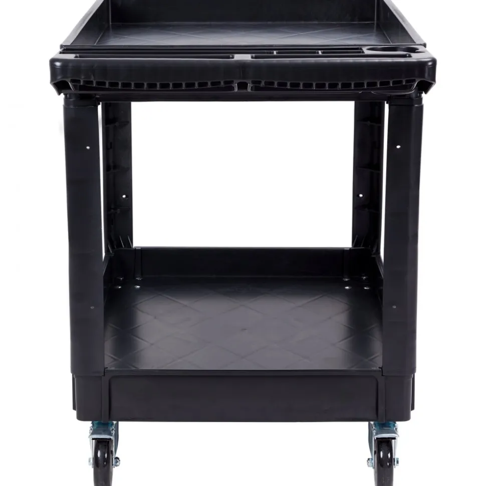 VEVOR Utility Service Cart, 2 Shelf 550LBS Heavy Duty Plastic Rolling Utility Cart with 360° Swivel Wheels (2 with Brakes), Large Lipped Shelf, Ergonomic Storage Handle for Warehouse/Garage/Cleaning