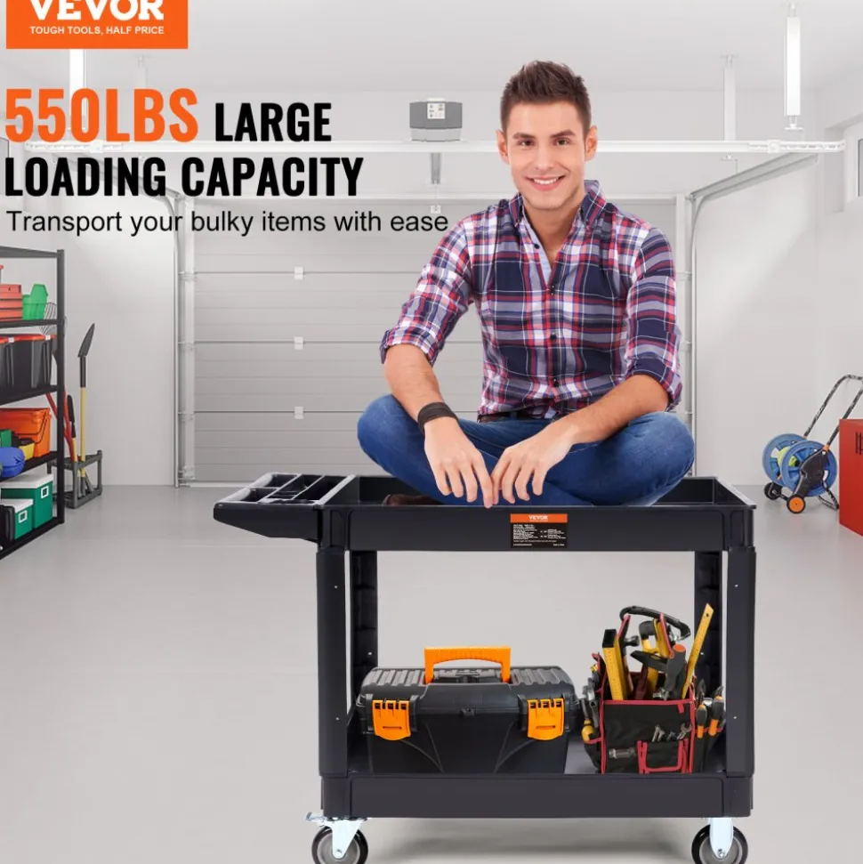 VEVOR Utility Service Cart, 2 Shelf 550LBS Heavy Duty Plastic Rolling Utility Cart with 360° Swivel Wheels (2 with Brakes), Large Lipped Shelf, Ergonomic Storage Handle for Warehouse/Garage/Cleaning