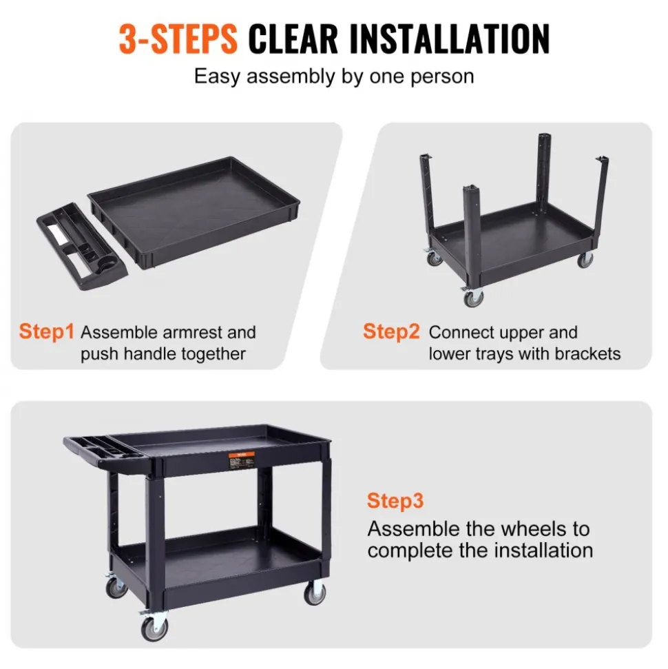 VEVOR Utility Service Cart, 2 Shelf 550LBS Heavy Duty Plastic Rolling Utility Cart with 360° Swivel Wheels (2 with Brakes), Large Lipped Shelf, Ergonomic Storage Handle for Warehouse/Garage/Cleaning