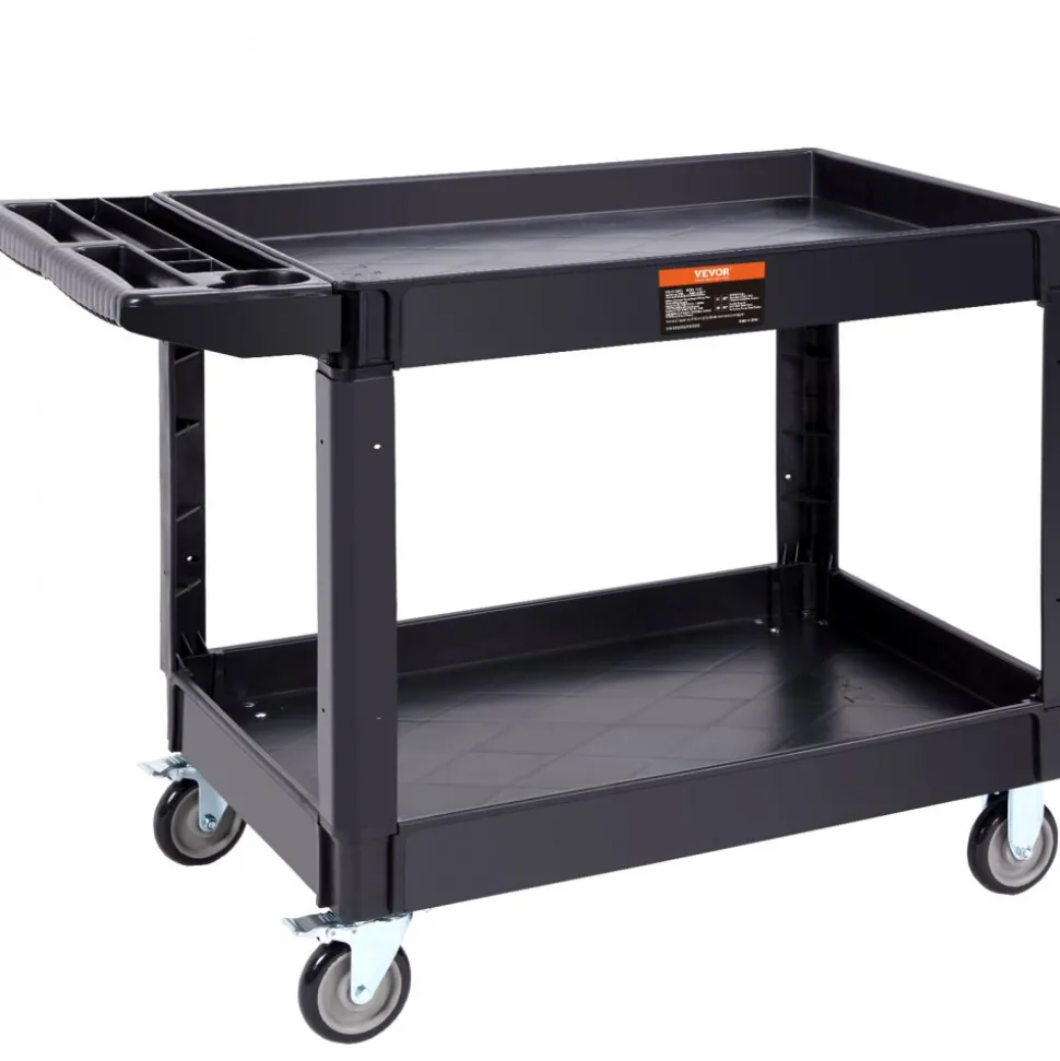 VEVOR Utility Service Cart, 2 Shelf 550LBS Heavy Duty Plastic Rolling Utility Cart with 360° Swivel Wheels (2 with Brakes), Large Lipped Shelf, Ergonomic Storage Handle for Warehouse/Garage/Cleaning