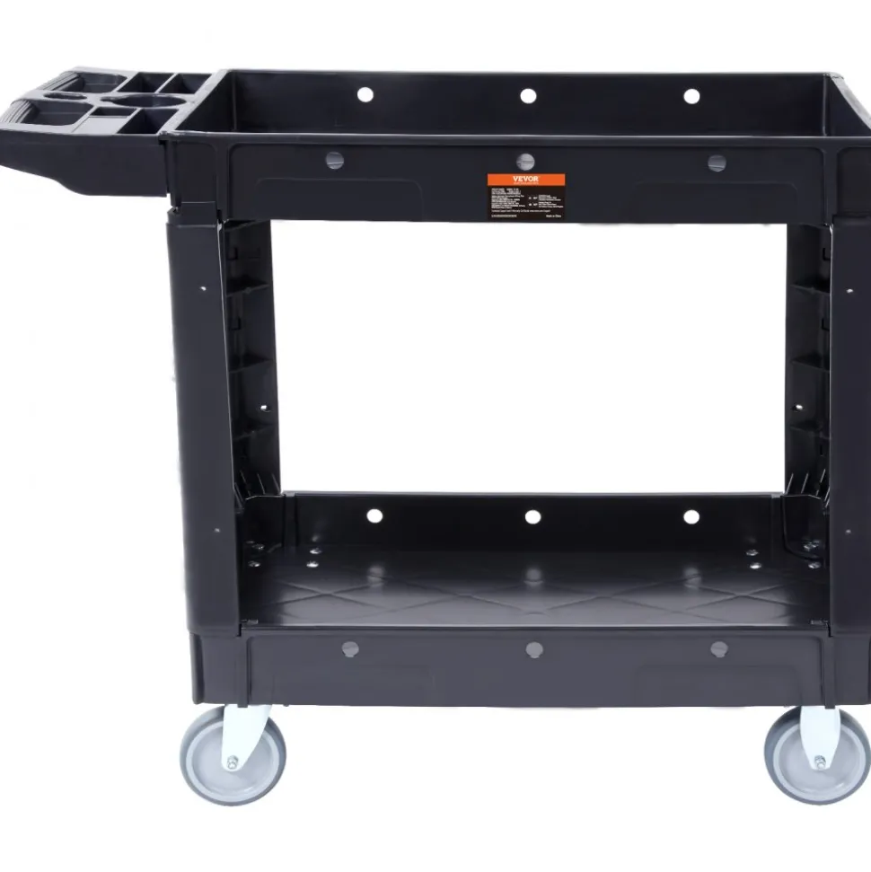 VEVOR Utility Service Cart, 2 Shelf 550LBS Heavy Duty Plastic Rolling Utility Cart with 360° Swivel Wheels, Medium Lipped Shelf, Ergonomic Storage Handle for Warehouse/Garage/Cleaning/Office