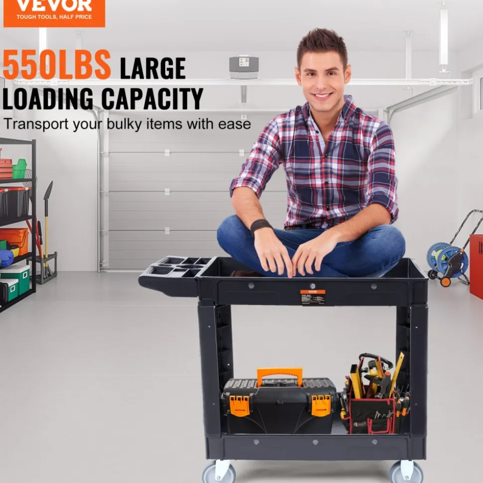 VEVOR Utility Service Cart, 2 Shelf 550LBS Heavy Duty Plastic Rolling Utility Cart with 360° Swivel Wheels, Medium Lipped Shelf, Ergonomic Storage Handle for Warehouse/Garage/Cleaning/Office