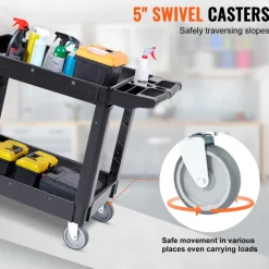 VEVOR Utility Service Cart, 2 Shelf 550LBS Heavy Duty Plastic Rolling Utility Cart with 360° Swivel Wheels, Medium Lipped Shelf, Ergonomic Storage Handle for Warehouse/Garage/Cleaning/Office