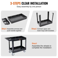 VEVOR Utility Service Cart, 2 Shelf 550LBS Heavy Duty Plastic Rolling Utility Cart with 360° Swivel Wheels, Medium Lipped Shelf, Ergonomic Storage Handle for Warehouse/Garage/Cleaning/Office
