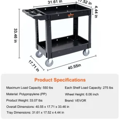 VEVOR Utility Service Cart, 2 Shelf 550LBS Heavy Duty Plastic Rolling Utility Cart with 360° Swivel Wheels, Medium Lipped Shelf, Ergonomic Storage Handle for Warehouse/Garage/Cleaning/Office