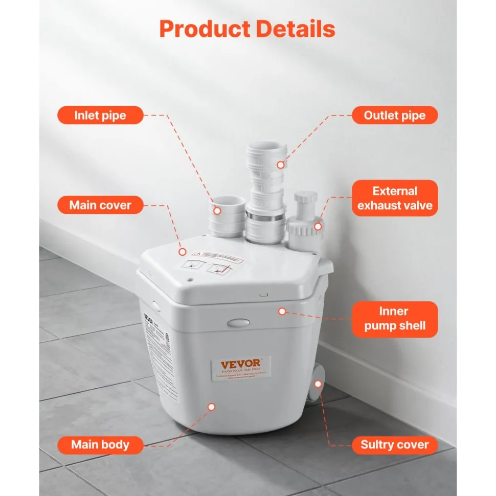 VEVOR Utility Sink Pump, 1 HP, 2200 GPH Under Sink Pump with 3 Water Inlets 1 Outlet, 36 ft Max Lift, Cast Aluminum Body, with Overload Protection, for Sink Shower Wash Bin Urinal Kitchen Basement