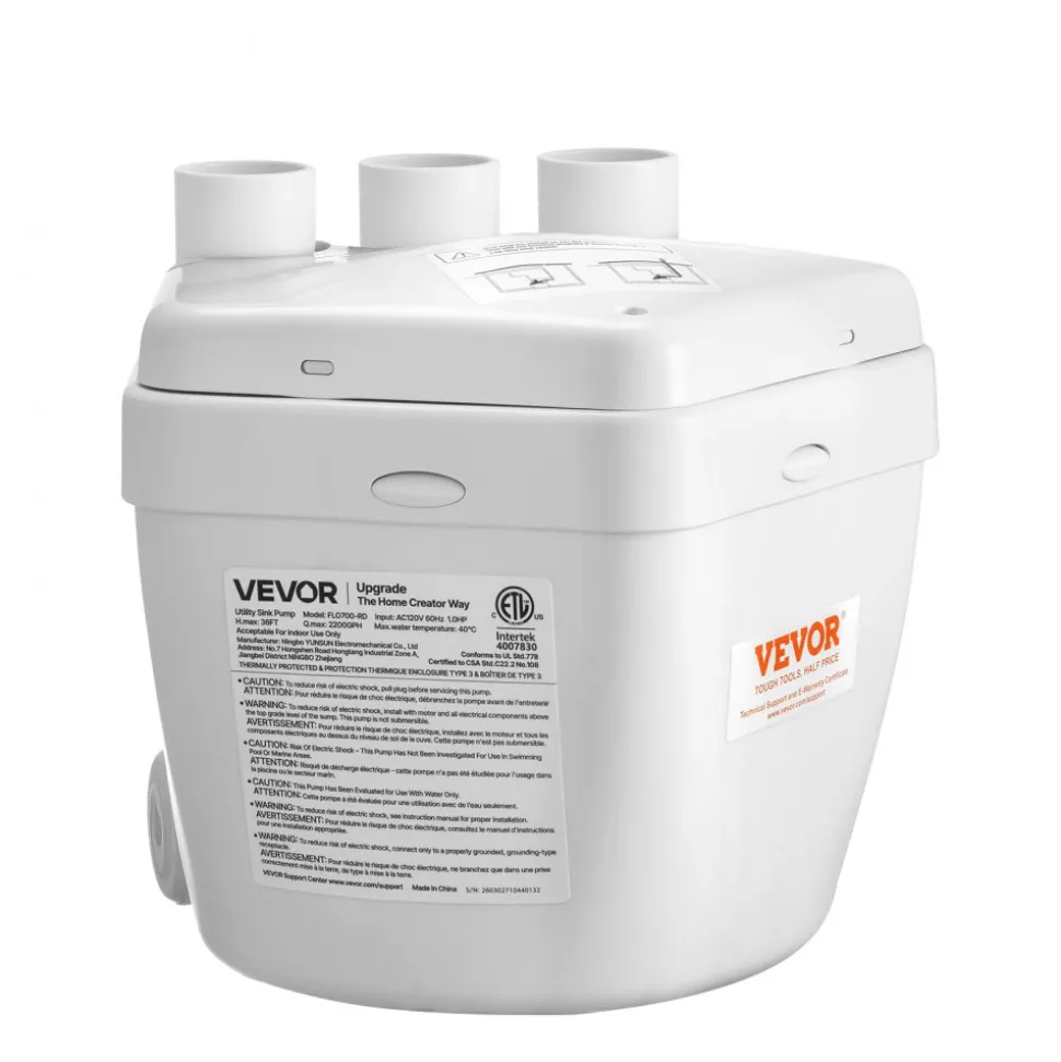 VEVOR Utility Sink Pump, 1 HP, 2200 GPH Under Sink Pump with 3 Water Inlets 1 Outlet, 36 ft Max Lift, Cast Aluminum Body, with Overload Protection, for Sink Shower Wash Bin Urinal Kitchen Basement
