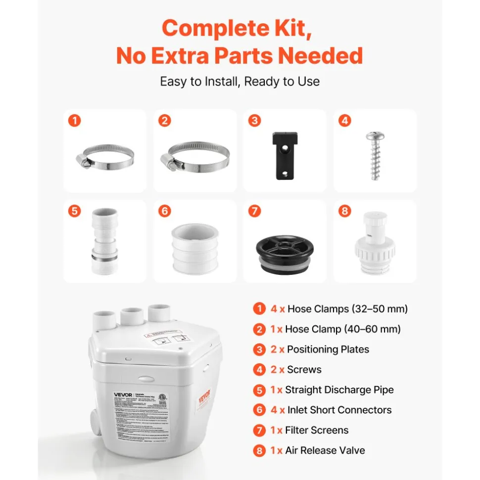 VEVOR Utility Sink Pump, 1 HP, 2200 GPH Under Sink Pump with 3 Water Inlets 1 Outlet, 36 ft Max Lift, Cast Aluminum Body, with Overload Protection, for Sink Shower Wash Bin Urinal Kitchen Basement