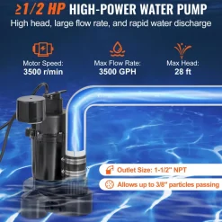 VEVOR Utility Sink Pump, 1/2 HP, 120-Volt, 3500 GPH Flow, 28 ft Head, Under-Sink Sump Pump System with 6 Gallon Basin, Automatic Utility/Laundry Sink Pump, Drain Pump with 1-1/2" NPT Outlet, Black