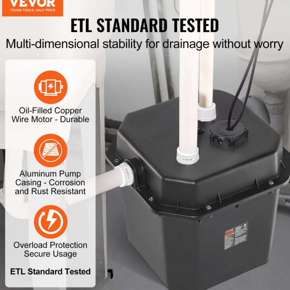 VEVOR Utility Sink Pump, 1/3 HP, 120-Volt, 2900 GPH Flow, 25 ft Head, Under-Sink Sump Pump System with 6 Gallon Basin, Automatic Utility/Laundry Sink Pump, Drain Pump with 1-1/2" NPT Outlet, Black