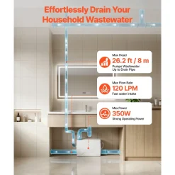 VEVOR Utility Sink Pump 350W 7200L/h Flow 26.2 ft / 8 m Head Drain Pump, Waste Water Disposal Machine with 3 Inlets, Portable & Powerful Performance, for Basement, Kitchen, Sink, Shower, Gray Water