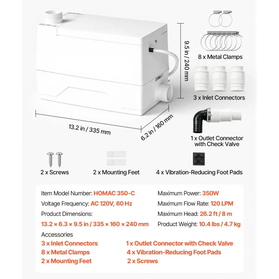 VEVOR Utility Sink Pump 350W 7200L/h Flow 26.2 ft / 8 m Head Drain Pump, Waste Water Disposal Machine with 3 Inlets, Portable & Powerful Performance, for Basement, Kitchen, Sink, Shower, Gray Water