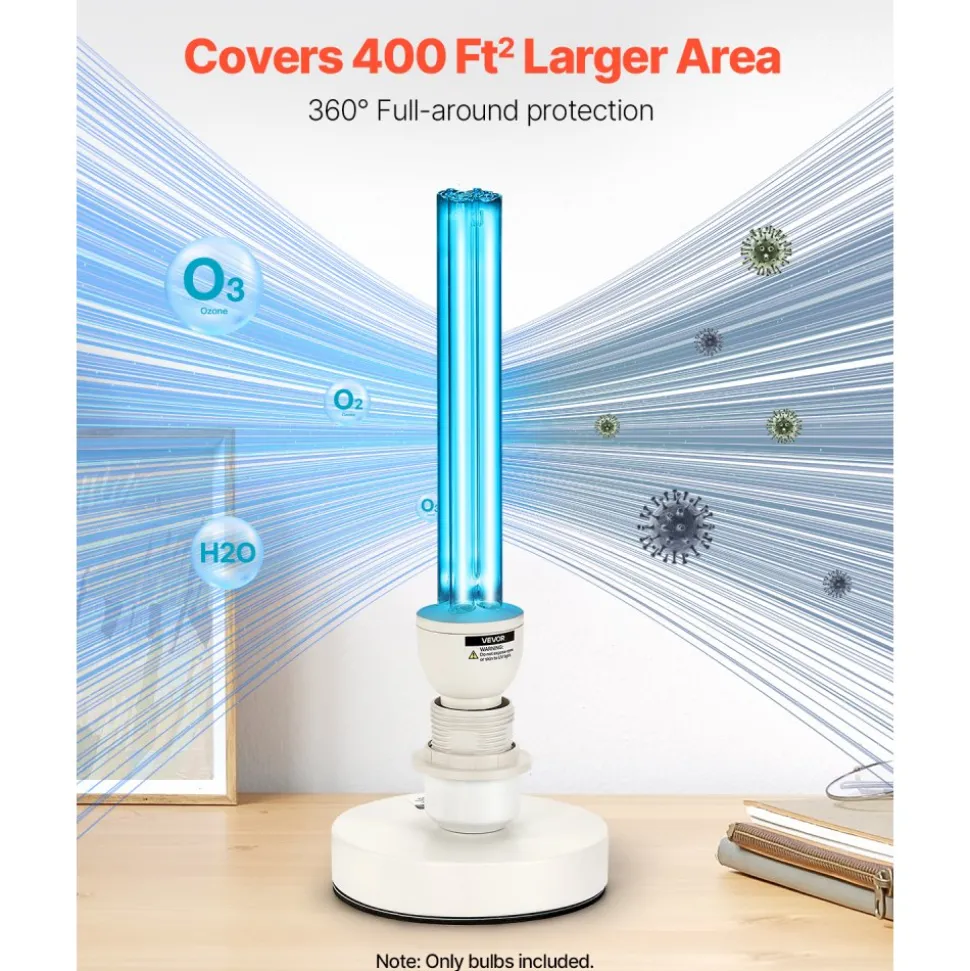 VEVOR UV Light Bulb, 4 Pack, 25W Replacement Ultraviolet UVC Lamp with Ozone, 253.7 nm + 185 nm Wavelength UVO Light Bulb, E27 Universal, for 400 sqft Living Room, Classroom, Office, Restaurant