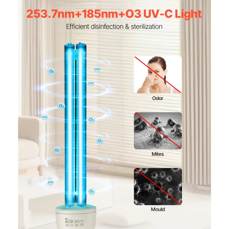 VEVOR UV Light Bulb, 4 Pack, 25W Replacement Ultraviolet UVC Lamp with Ozone, 253.7 nm + 185 nm Wavelength UVO Light Bulb, E27 Universal, for 400 sqft Living Room, Classroom, Office, Restaurant