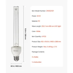 VEVOR UV Light Bulb, 4 Pack, 25W Replacement Ultraviolet UVC Lamp with Ozone, 253.7 nm + 185 nm Wavelength UVO Light Bulb, E27 Universal, for 400 sqft Living Room, Classroom, Office, Restaurant
