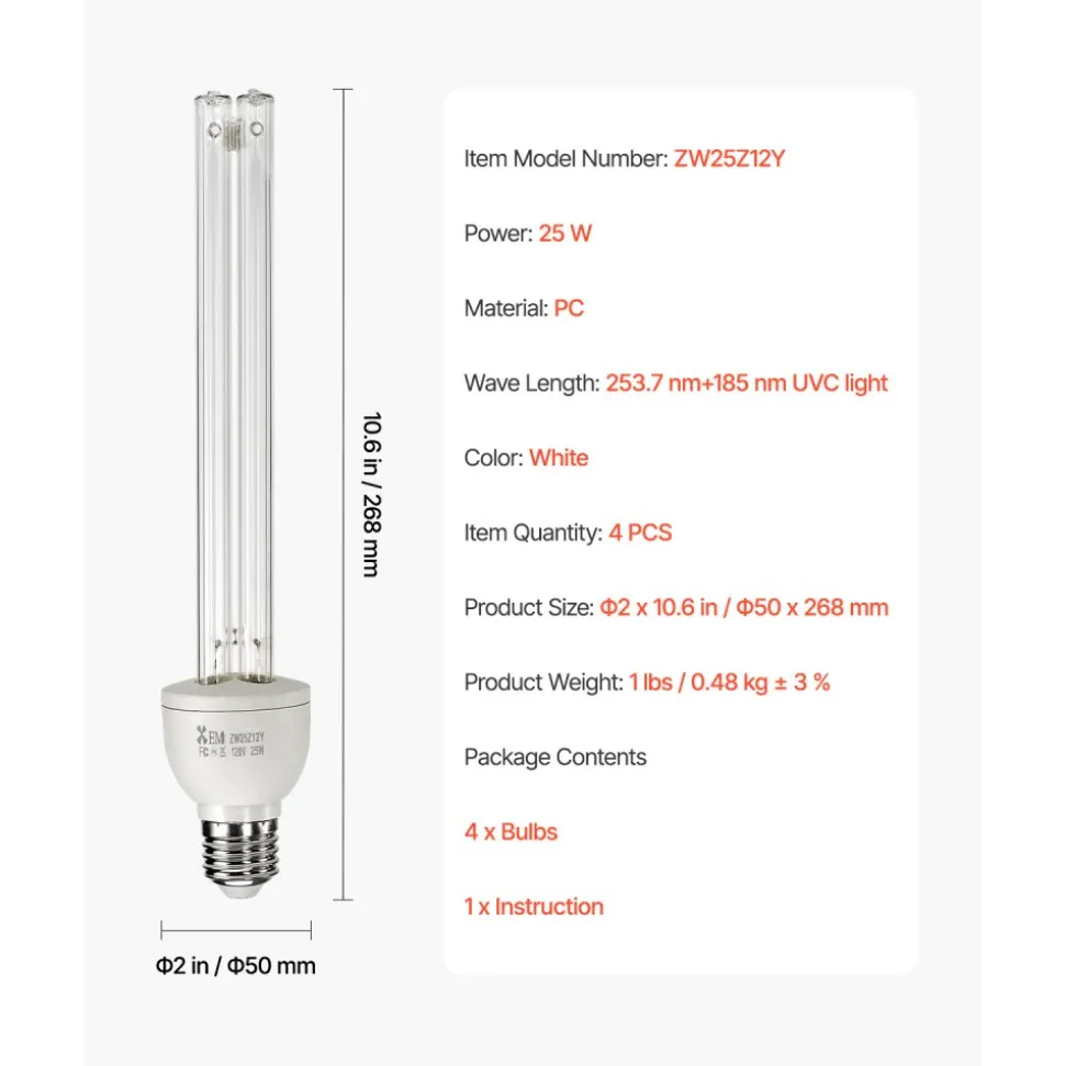 VEVOR UV Light Bulb, 4 Pack, 25W Replacement Ultraviolet UVC Lamp with Ozone, 253.7 nm + 185 nm Wavelength UVO Light Bulb, E27 Universal, for 400 sqft Living Room, Classroom, Office, Restaurant