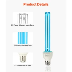 VEVOR UV Light Bulb, 4 Pack, 25W Replacement Ultraviolet UVC Lamp with Ozone, 253.7 nm + 185 nm Wavelength UVO Light Bulb, E27 Universal, for 400 sqft Living Room, Classroom, Office, Restaurant