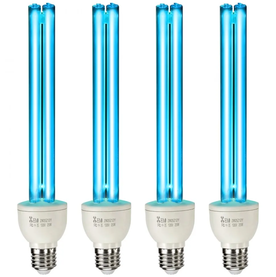 VEVOR UV Light Bulb, 4 Pack, 25W Replacement Ultraviolet UVC Lamp with Ozone, 253.7 nm + 185 nm Wavelength UVO Light Bulb, E27 Universal, for 400 sqft Living Room, Classroom, Office, Restaurant