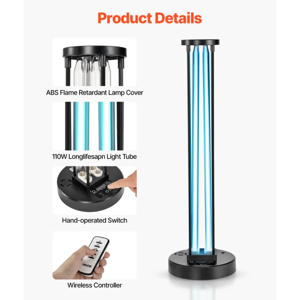 VEVOR UV Light, 25W Ultraviolet Lamp with Ozone Purifier, Portable UVC Lamp with Remote Control, UVO Light Bulb with Base and 30/60/120 Min 3-Gear Timer, for 400 sqft Living Room, Bedroom, Hotel