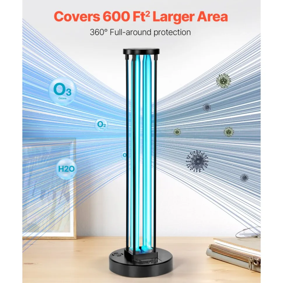 VEVOR UV Light, 25W Ultraviolet Lamp with Ozone Purifier, Portable UVC Lamp with Remote Control, UVO Light Bulb with Base and 30/60/120 Min 3-Gear Timer, for 400 sqft Living Room, Bedroom, Hotel