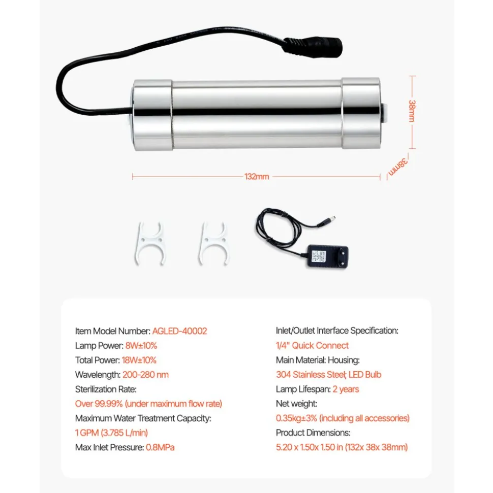 VEVOR UV Water Purifier, 8W 1GPM, 110V Versatile Ultraviolet Water Purifier Filter with Stainless Steel Housing, Whole House UV Water Filter with Quartz Sleeve Fit for Shower/Drinking/Cleaning