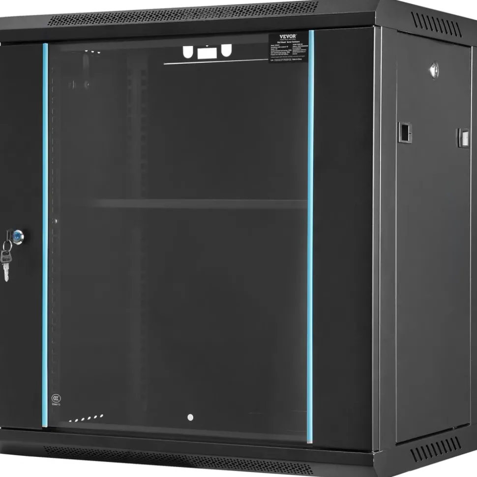 VEVOR 12U Wall-Mounted Server Network Cabinet, 15.5'' Depth, Secure Rack Enclosure, Supports up to 200 lbs, Lockable Glass Door & Sides, Ideal for IT & A/V Gear