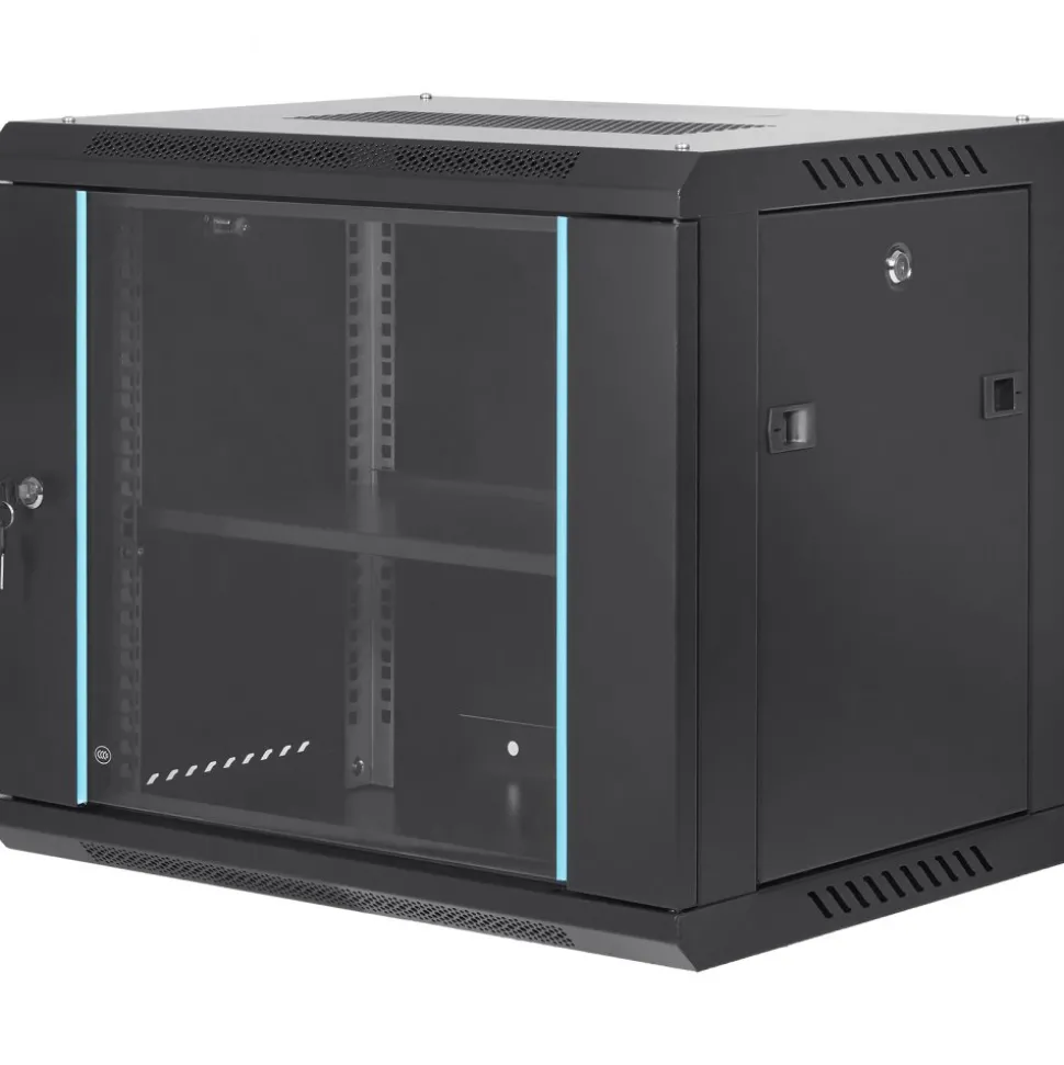 VEVOR 9U Wall-Mounted Server Network Cabinet, 15.5'' Depth, Secure Rack Enclosure, Supports up to 200 lbs, Features Lockable Glass Door and Side Panels, Ideal for IT and A/V Gear