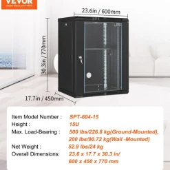 VEVOR 15U Wall Mount Network Cabinet, 500 lbs Max. Ground Load Capacity, Server Rack Cabinet Enclosure with Locking Tempered Glass Door, Side Panels, Q235 Carbon Steel, for IT Equipment, A/V Devices