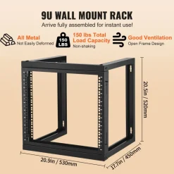 VEVOR 9U Wall Mount Rack, 150 lbs/68.04 kg Max Load Capacity, Open Frame Server Network Rack with Cage Nuts Screws, Carbon Steel 20.9 x 17.7 x 20.5