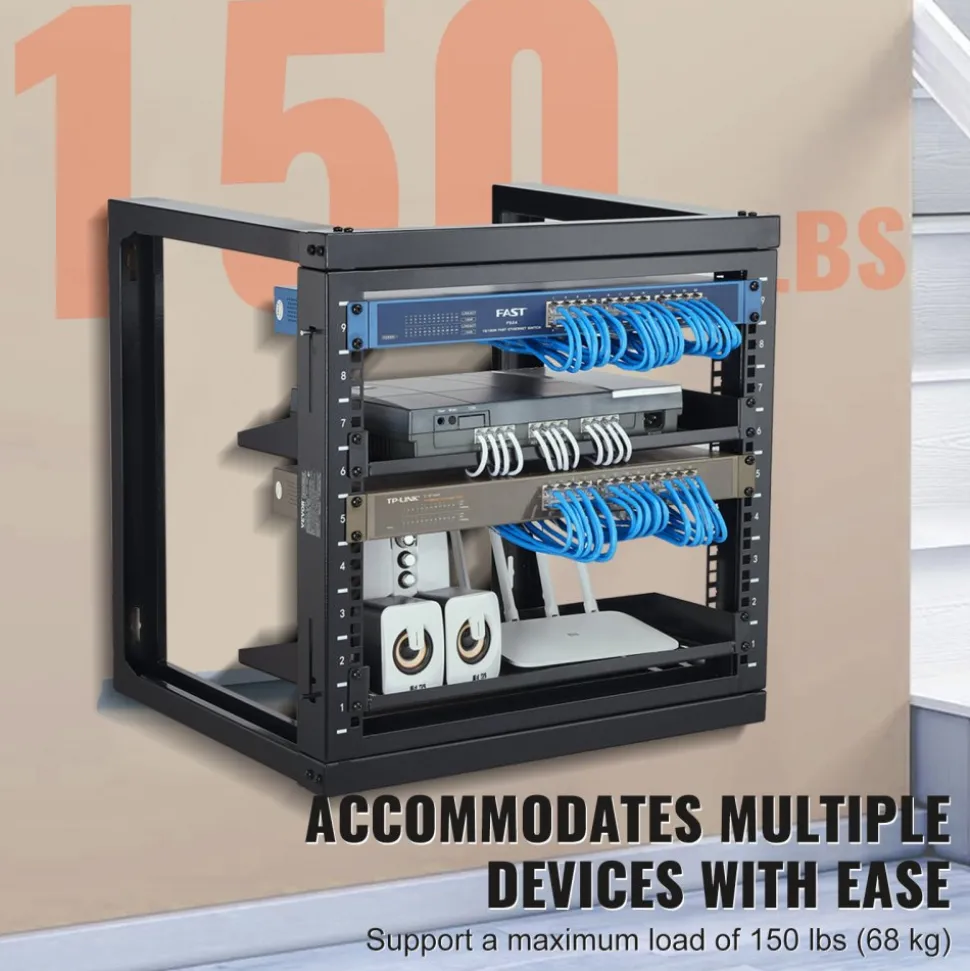 VEVOR 9U Wall Mount Rack, 150 lbs/68.04 kg Max Load Capacity, Open Frame Server Network Rack with Cage Nuts Screws, Carbon Steel 20.9 x 17.7 x 20.5" for 19"/482.6 mm AV & Server IT Equipment, Black