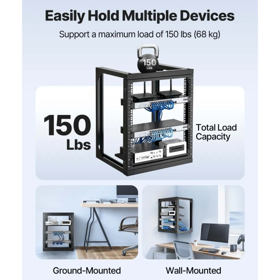 VEVOR 12U Wall Mount Server Rack, 150 lbs Max Load Capacity, Open Frame Network Rack with 180 Degrees Gate Swing, Carbon Steel, for 19-Inch IT Network Equipment & AV Devices Computer Server, Black