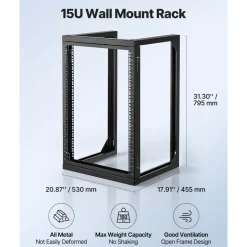 VEVOR 15U Wall Mount Server Rack, 150 lbs Max Load Capacity, Open Frame Network Rack with 180 Degrees Gate Swing, Carbon Steel, for 19-Inch IT Network Equipment & AV Devices Computer Server, Black