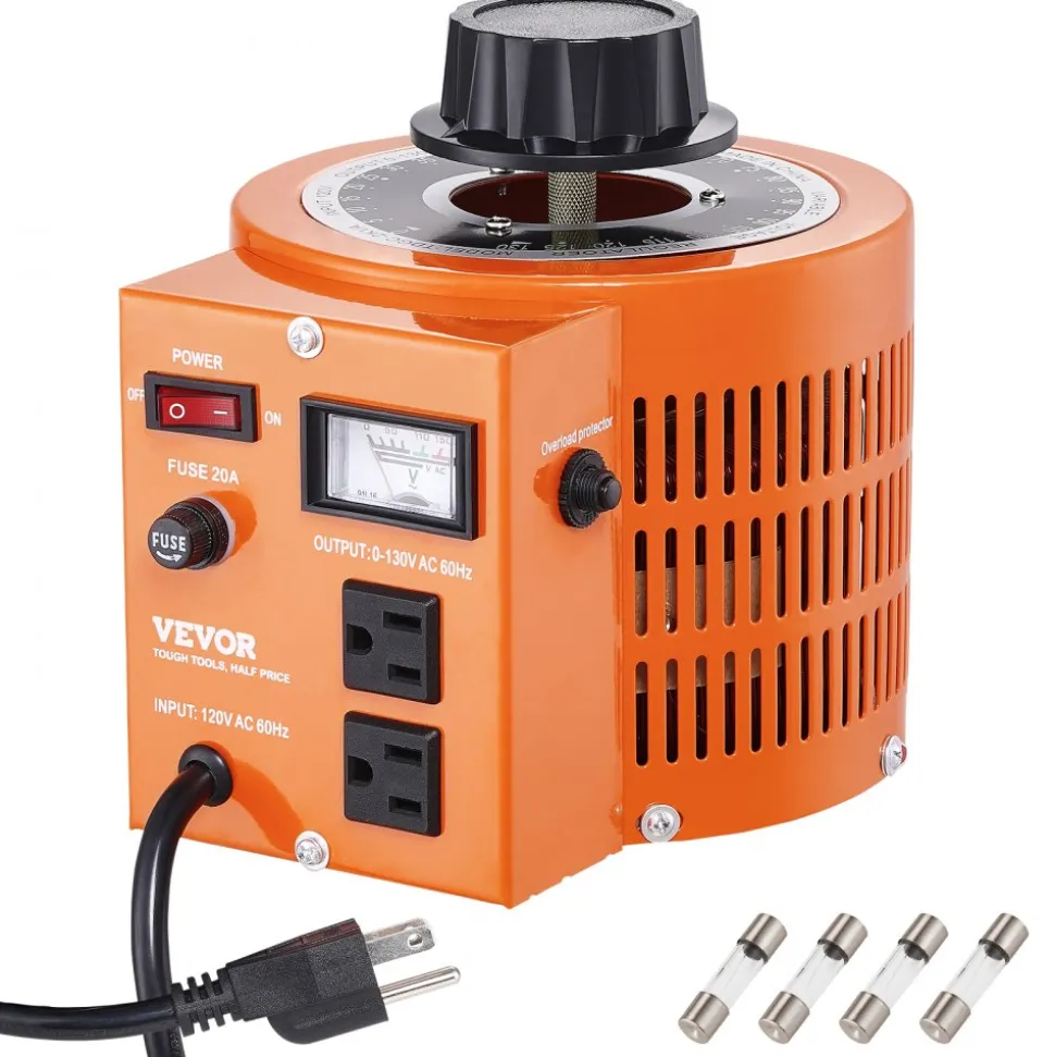 VEVOR 2000VA Auto Variable Voltage Transformer, 15.3 Amp, 110V Input 0-130V Output AC Voltage Regulator Power Supply, with 4 Extra Fuses Thermal Control Switch for Home Industrial Office