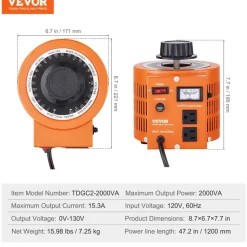VEVOR 2000VA Auto Variable Voltage Transformer, 15.3 Amp, 110V Input 0-130V Output AC Voltage Regulator Power Supply, with 4 Extra Fuses Thermal Control Switch for Home Industrial Office