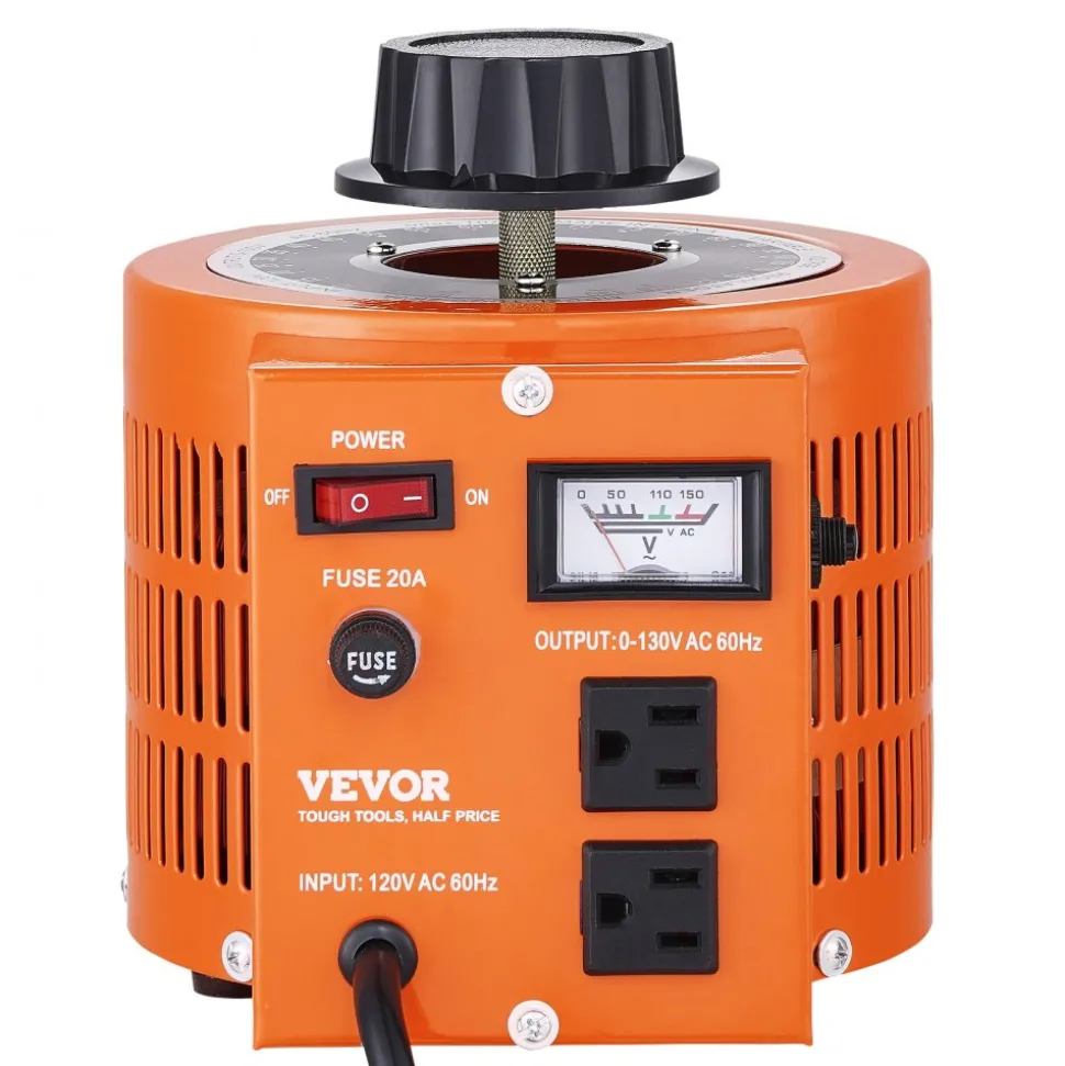 VEVOR 2000VA Auto Variable Voltage Transformer, 15.3 Amp, 110V Input 0-130V Output AC Voltage Regulator Power Supply, with 4 Extra Fuses Thermal Control Switch for Home Industrial Office