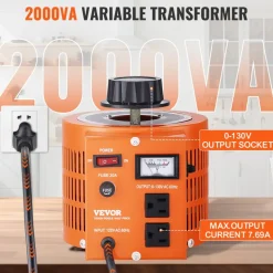 VEVOR 2000VA Auto Variable Voltage Transformer, 15.3 Amp, 110V Input 0-130V Output AC Voltage Regulator Power Supply, with 4 Extra Fuses Thermal Control Switch for Home Industrial Office
