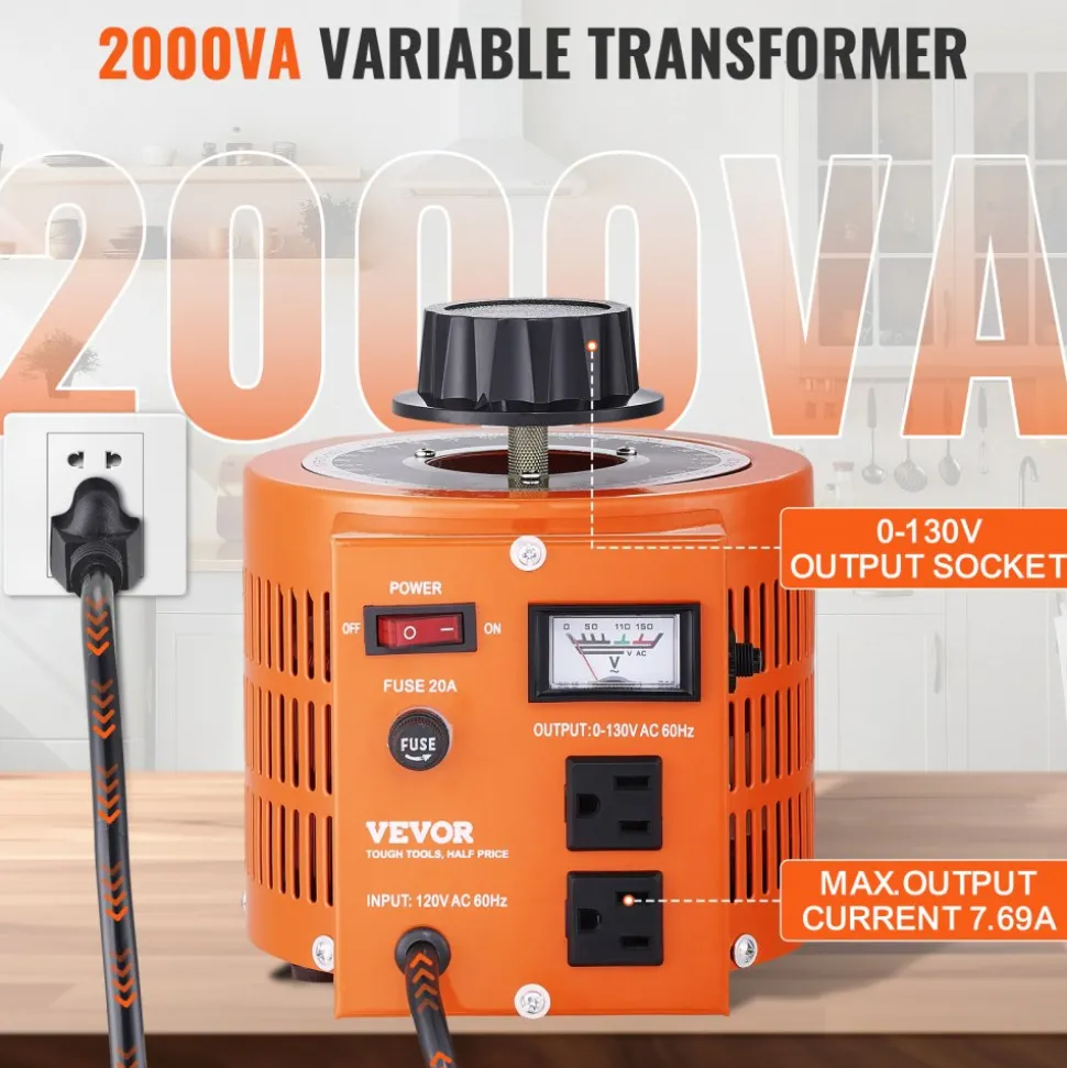 VEVOR 2000VA Auto Variable Voltage Transformer, 15.3 Amp, 110V Input 0-130V Output AC Voltage Regulator Power Supply, with 4 Extra Fuses Thermal Control Switch for Home Industrial Office