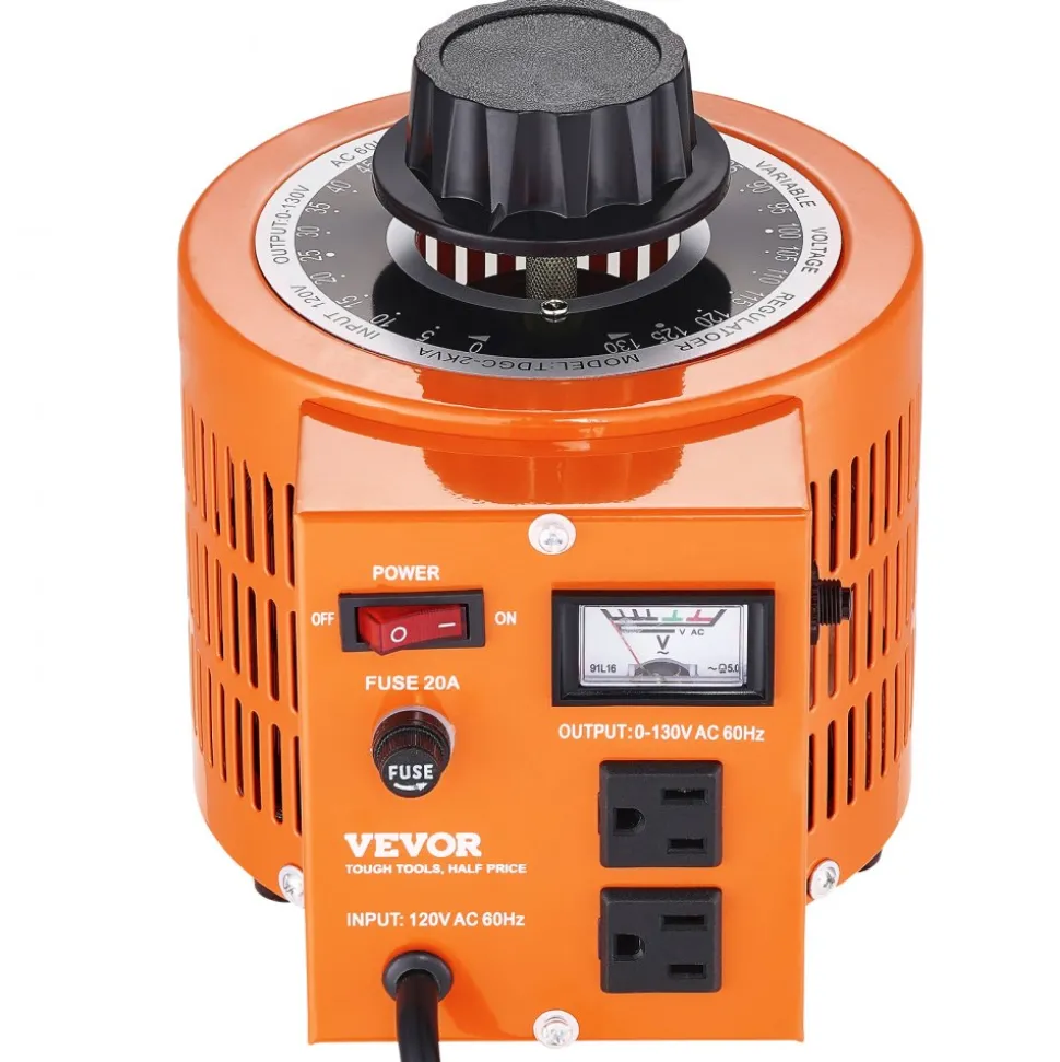 VEVOR 2000VA Auto Variable Voltage Transformer, 15.3 Amp, 110V Input 0-130V Output AC Voltage Regulator Power Supply, with 4 Extra Fuses Thermal Control Switch for Home Industrial Office