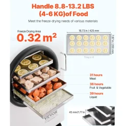VEVOR Vacuum Freeze Dryer Machine, 8.8-13.2 LBS/Batch Food Freeze Drying Machine with 4-Layer Trays, Vacuum Pump, Adjustable Timer and Temperature Control, for Fruits Vegetables Meat, White