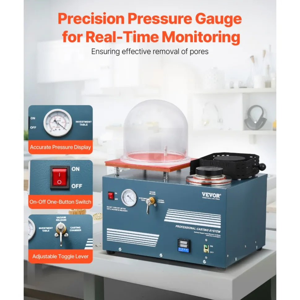 VEVOR Vacuum Investing Casting Machine with Melting Furnace, Convenient Oil Injection Port, Precision Pressure Gauge, All-in-One Machine for Casting Jewelry and Melting Scrap, Silver, Gold, Copper
